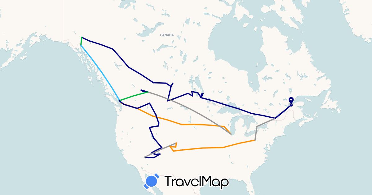 TravelMap itinerary: driving, bus, plane, boat, hitchhiking in Canada, United States (North America)